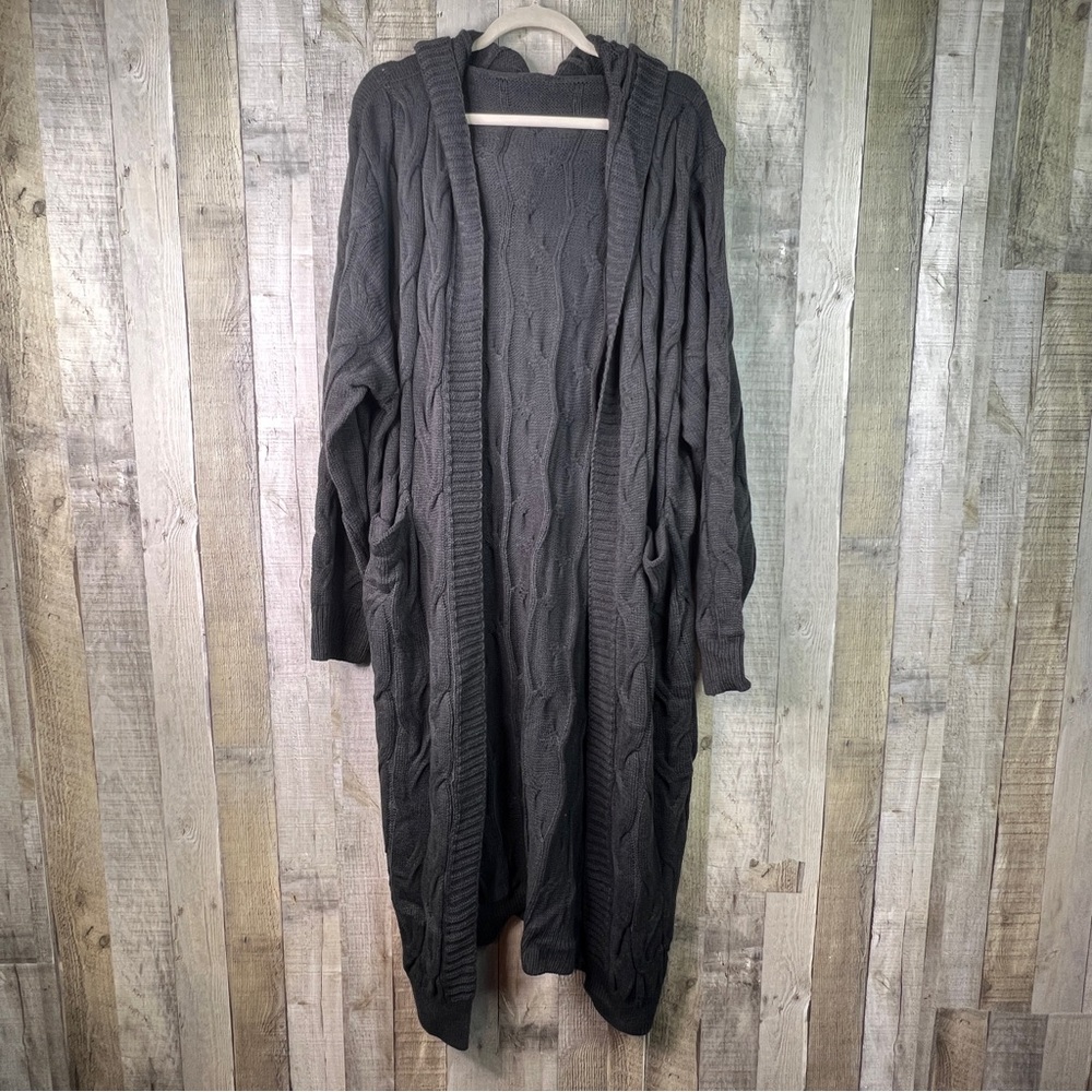 Black Gray 5X Long Open Front Cable Knit Hooded Cardigan Sweater w/Pockets